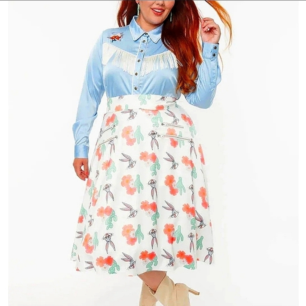 Unique Vintage X Looney Tunes Vivien Bugs Bunny Cactus 40'S Swing Skirt, NWT